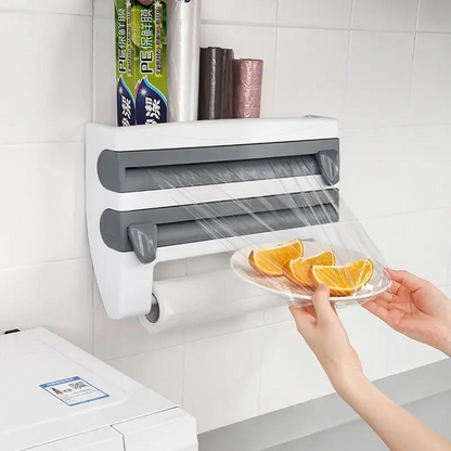 4-in-1 Wall-Mounted Wrapping Paper Dispenser – Holder for Cling Film, Aluminum Foil, and Paper Towels with Cutter.