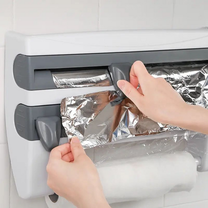 4-in-1 Wall-Mounted Wrapping Paper Dispenser – Holder for Cling Film, Aluminum Foil, and Paper Towels with Cutter.