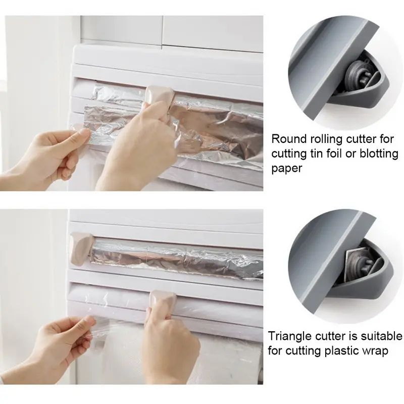 4-in-1 Wall-Mounted Wrapping Paper Dispenser – Holder for Cling Film, Aluminum Foil, and Paper Towels with Cutter.
